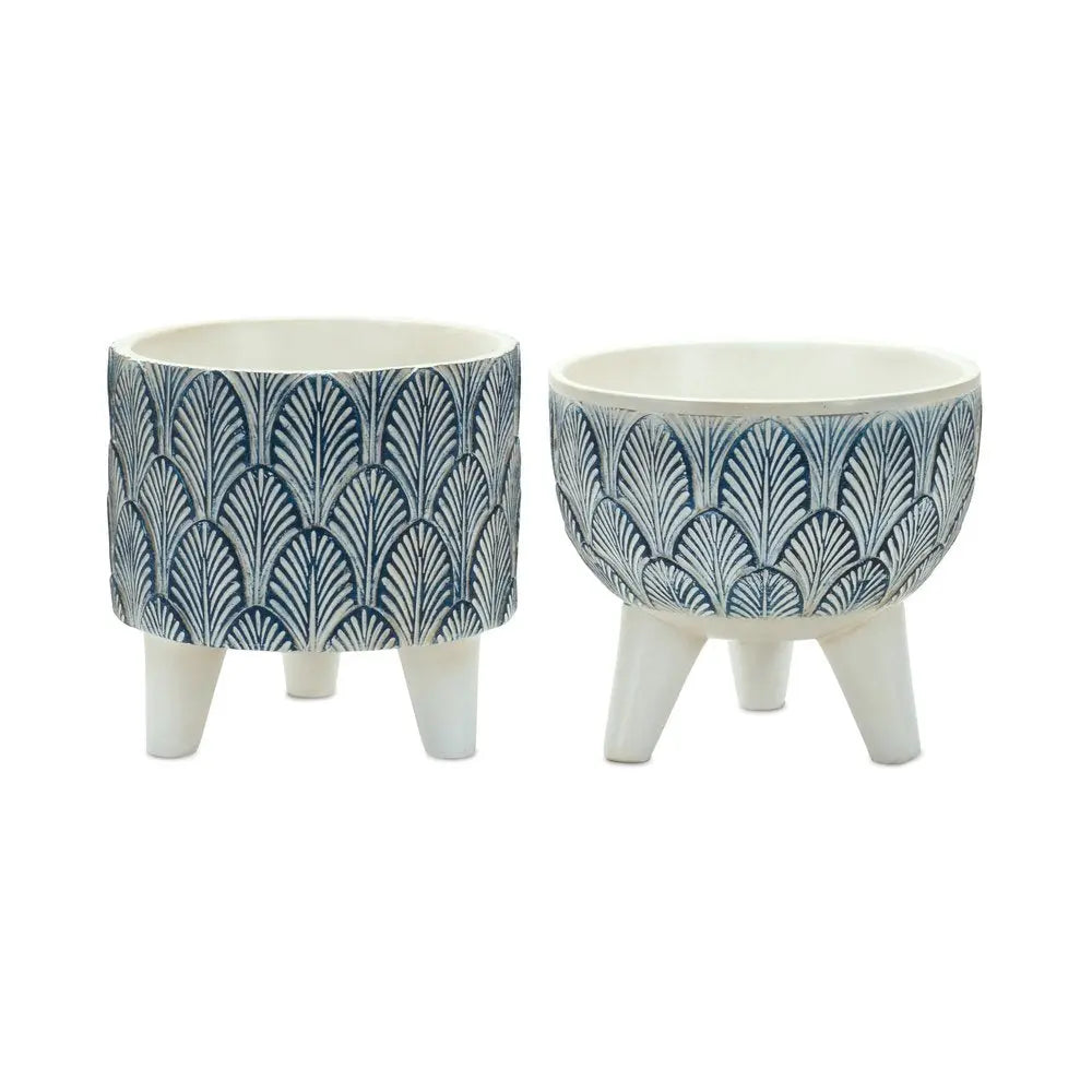 Set of Two Blue And White Polyresin Geometric Pot Planters HomeRoots