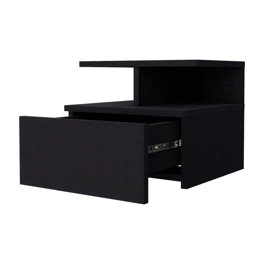 12" Black Wood One Drawer Nightstand with Integrated Tech HomeRoots