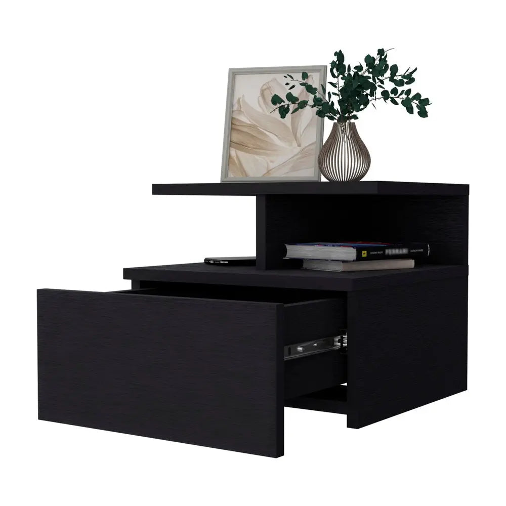 12" Black Wood One Drawer Nightstand with Integrated Tech HomeRoots
