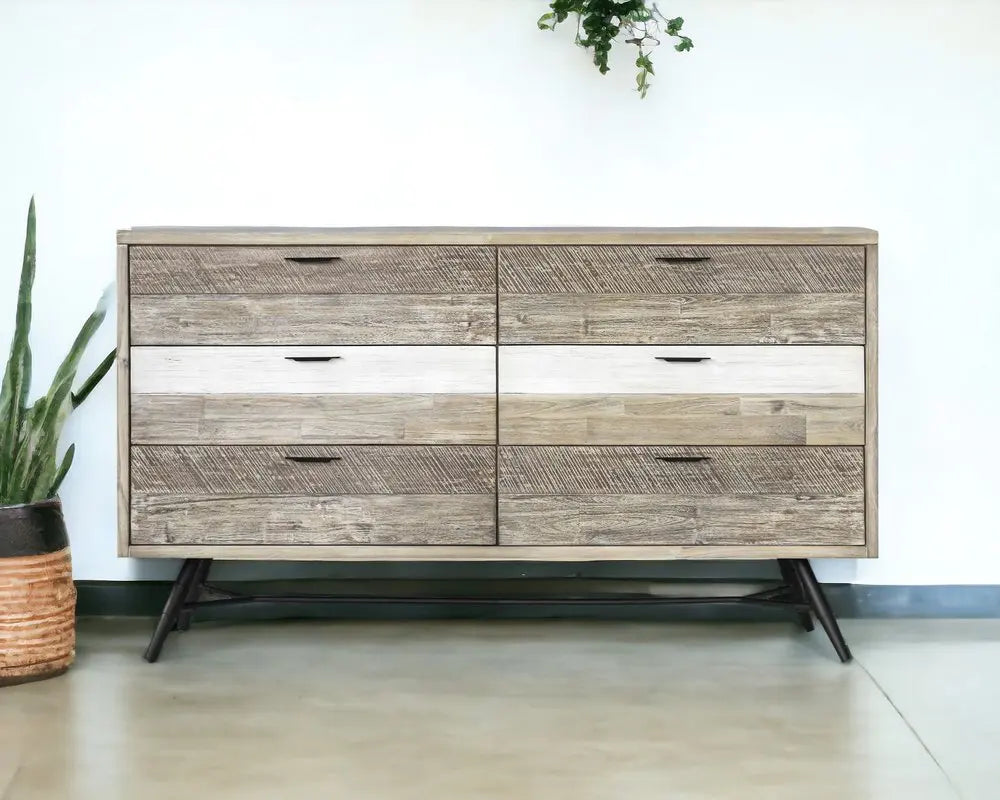 63" Natural and Ivory Solid Wood Six Drawer Double Dresser HomeRoots