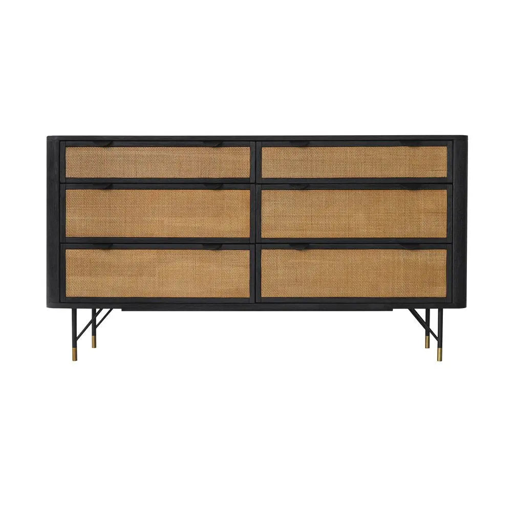 61" Natural and Black Solid Wood Six Drawer Double Dresser HomeRoots