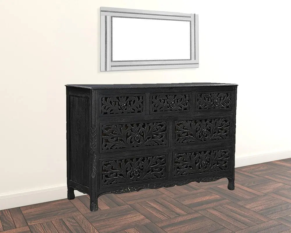 57" Black Solid Wood Seven Drawer Dresser HomeRoots