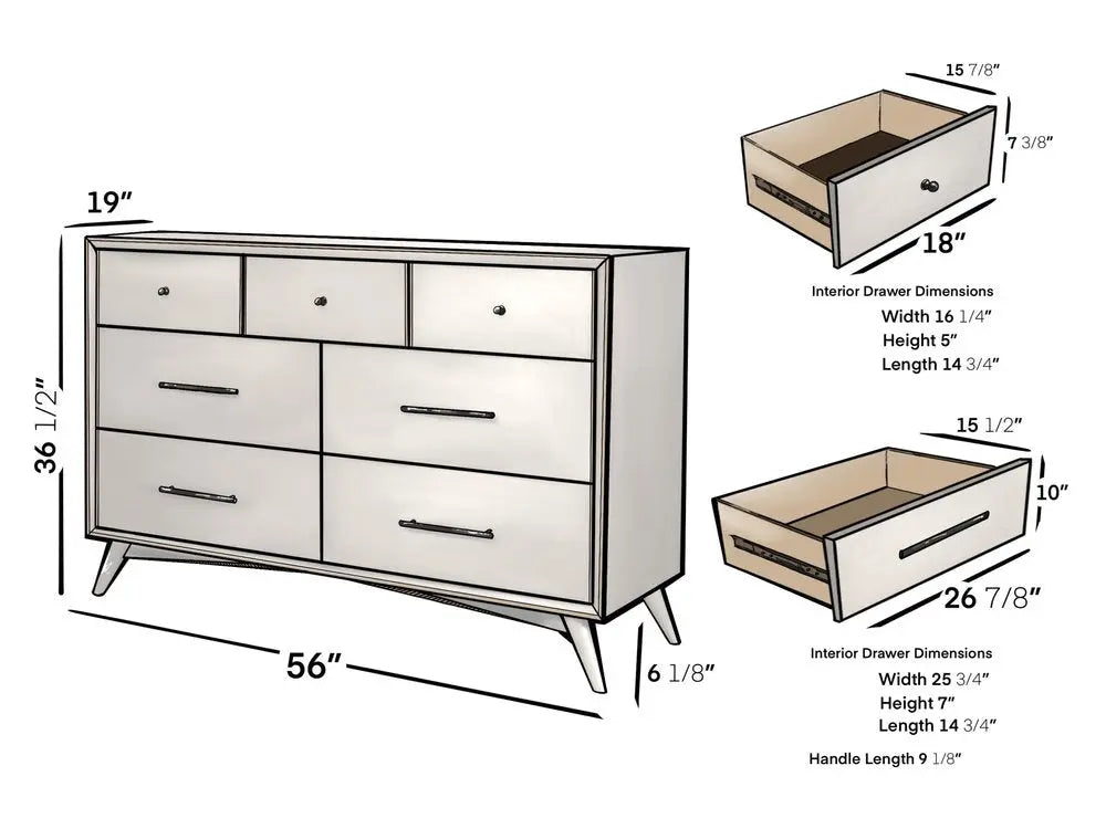 56" White Solid Wood Seven Drawer Double Dresser HomeRoots