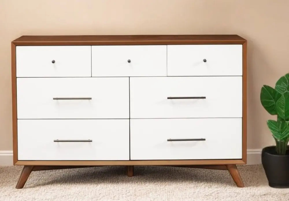 56" Brown and White Solid Wood Seven Drawer Double Dresser HomeRoots