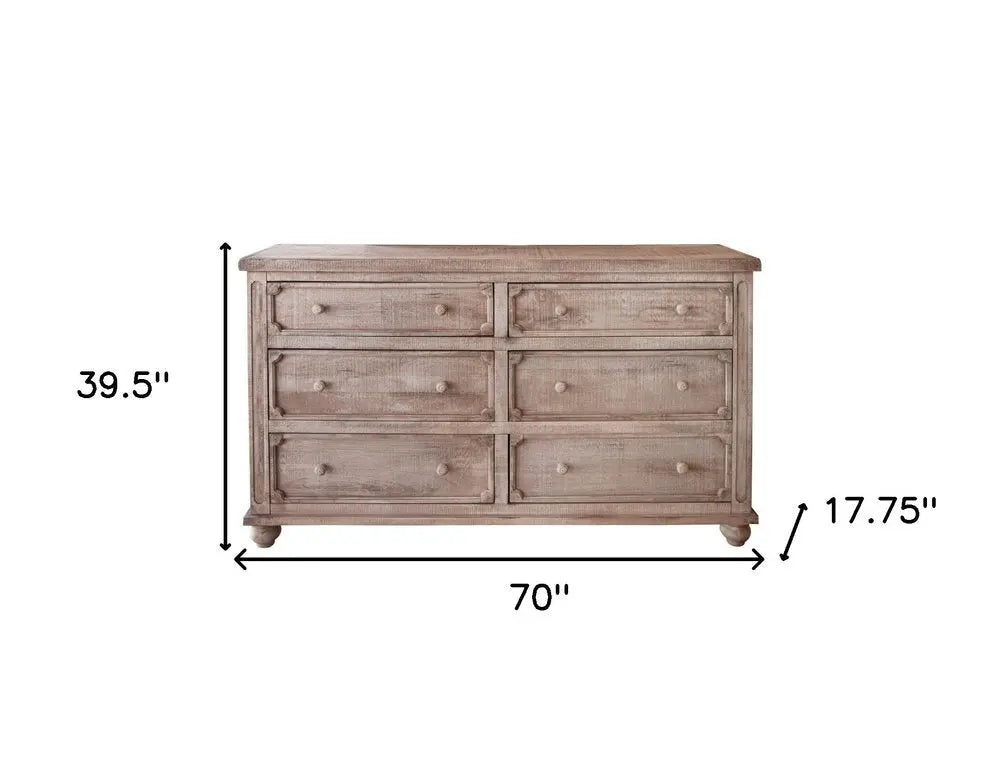 70" Natural Solid Wood Six Drawer Double Dresser HomeRoots