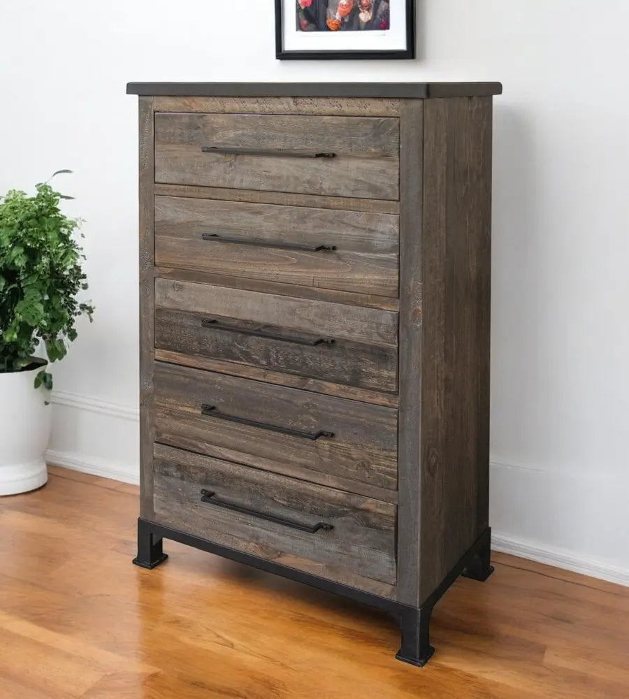 36" Gray Solid Wood Five Drawer Dresser HomeRoots