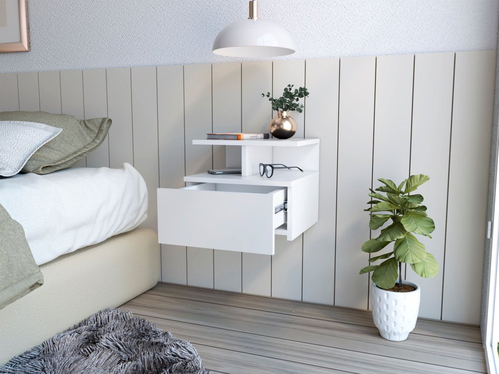 12" White Wood One Drawer Floating Nightstand