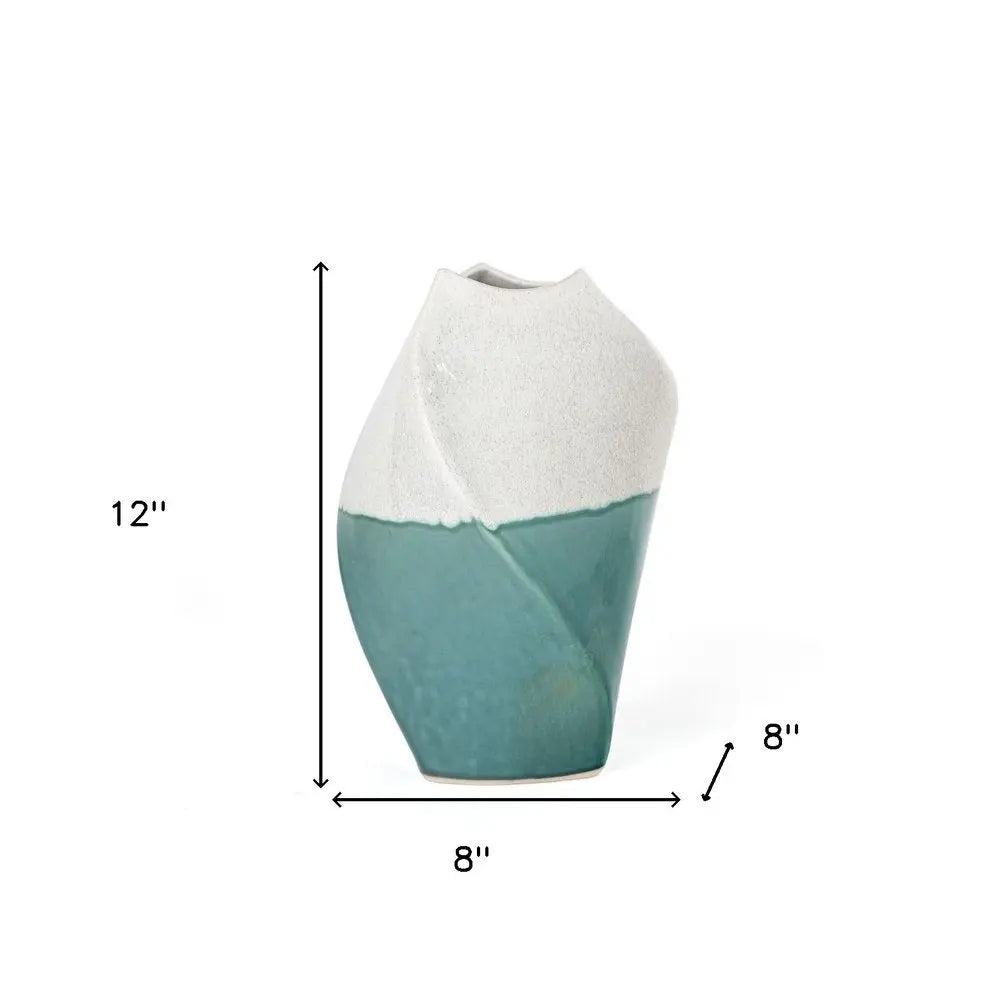 12" Green and Ivory Ombre Wavy Ceramic Table Vase HomeRoots