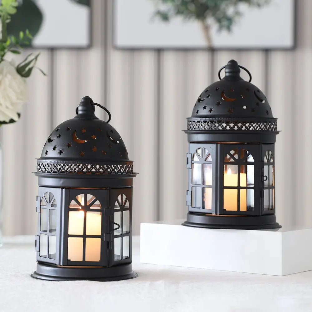 Set of Two Black Metal Celestial Tabletop Lantern Candle Holders
