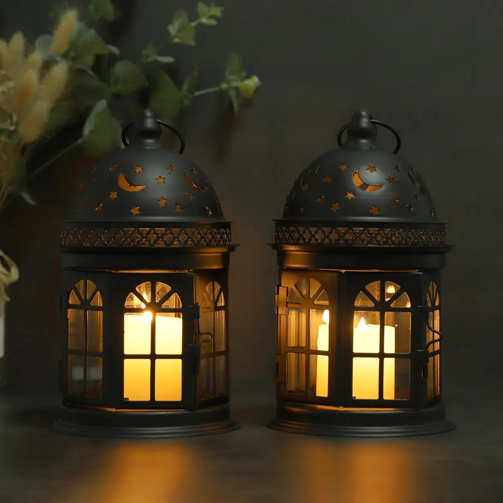Set of Two Black Metal Celestial Tabletop Lantern Candle Holders HomeRoots