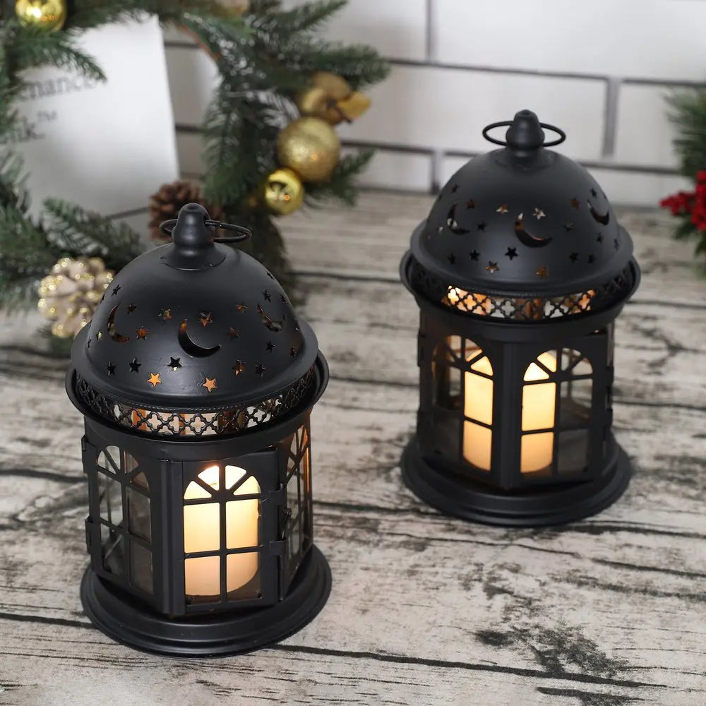 Set of Two Black Metal Celestial Tabletop Lantern Candle Holders HomeRoots