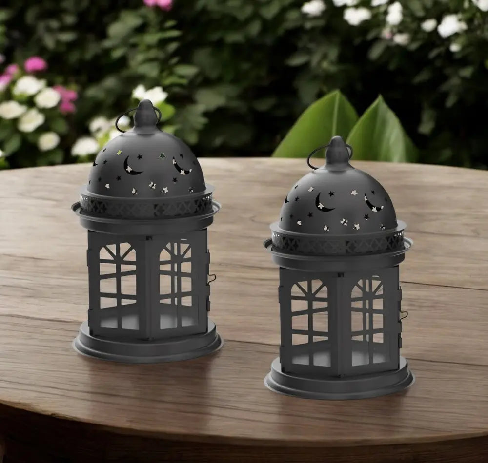 Set of Two Black Metal Celestial Tabletop Lantern Candle Holders HomeRoots