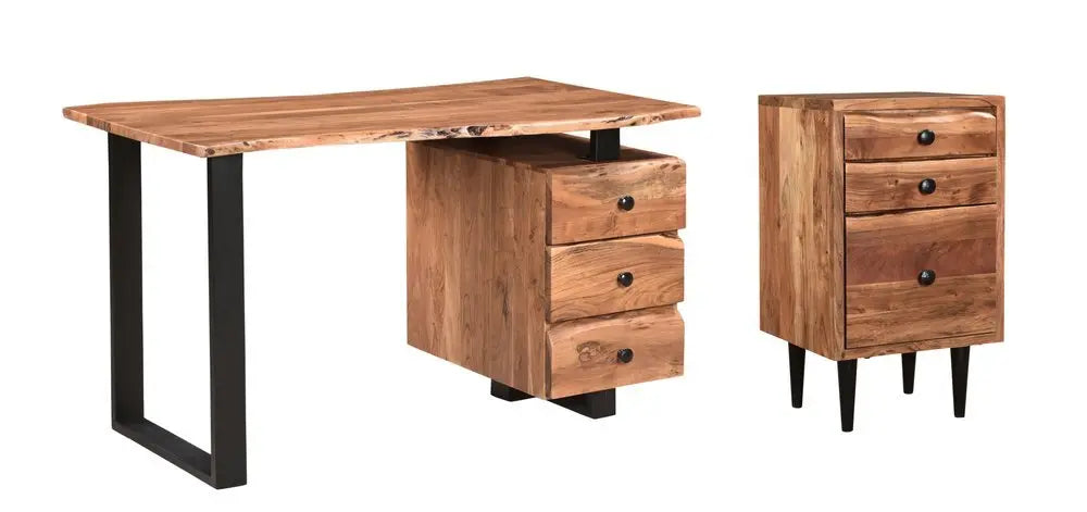 54" Brown and Black Solid Wood and Metal Writing Desk and Bookshelf Set With Three Drawers - NOBLE HOME INTERIORS