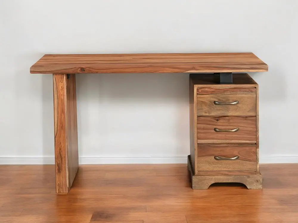 54" Brown Live Edge Solid Wood Writing Desk With Three Drawers - NOBLE HOME INTERIORS