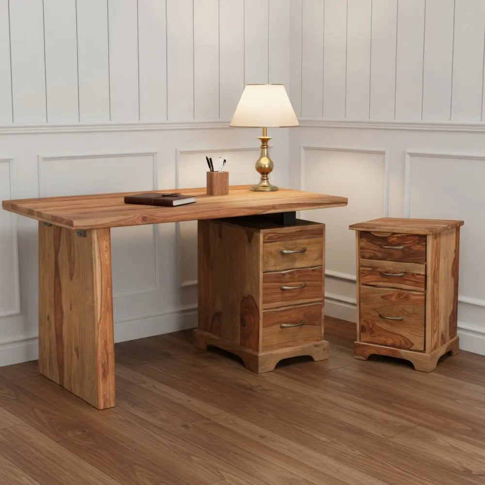 54" Brown Solid Wood Writing Desk and Bookshelf Set With Three Drawers - NOBLE HOME INTERIORS