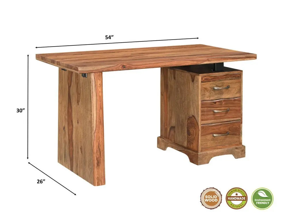 54" Brown Solid Wood Writing Desk and Bookshelf Set With Three Drawers - NOBLE HOME INTERIORS