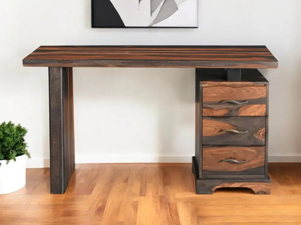 54" Dark Brown and Light Brown Solid Wood Writing Desk With Three Drawers - NOBLE HOME INTERIORS