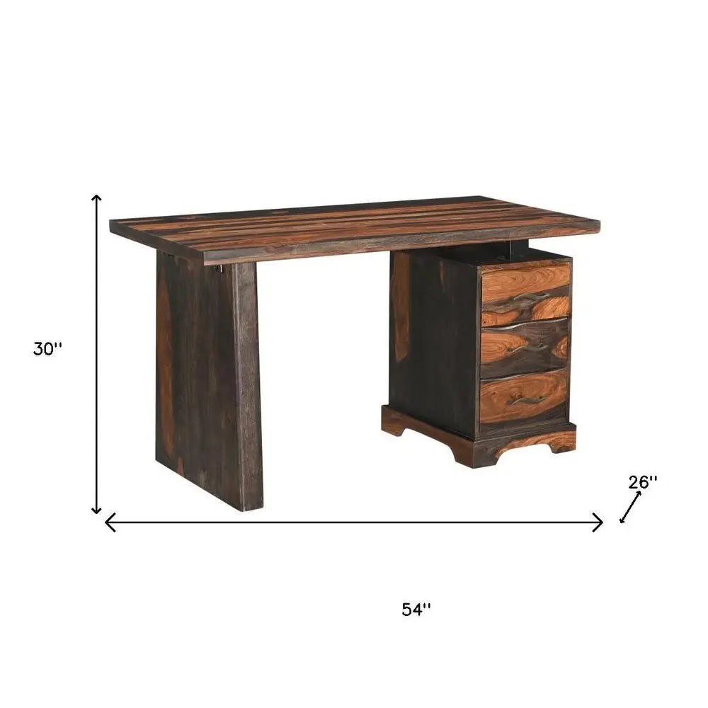 54" Dark Brown Solid Wood Writing Desk and Bookshelf Set With Three Drawers - NOBLE HOME INTERIORS
