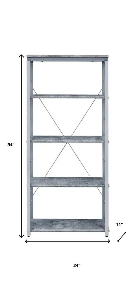 54" Gray And Silver Metal and Wood Four Tier Etagere Bookcase - NOBLE HOME INTERIORS