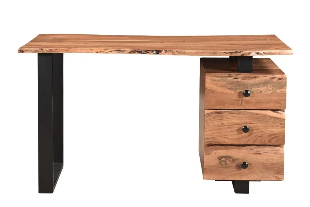 54" Natural and Black Live Edge Solid Wood Writing Desk With Three Drawers - NOBLE HOME INTERIORS