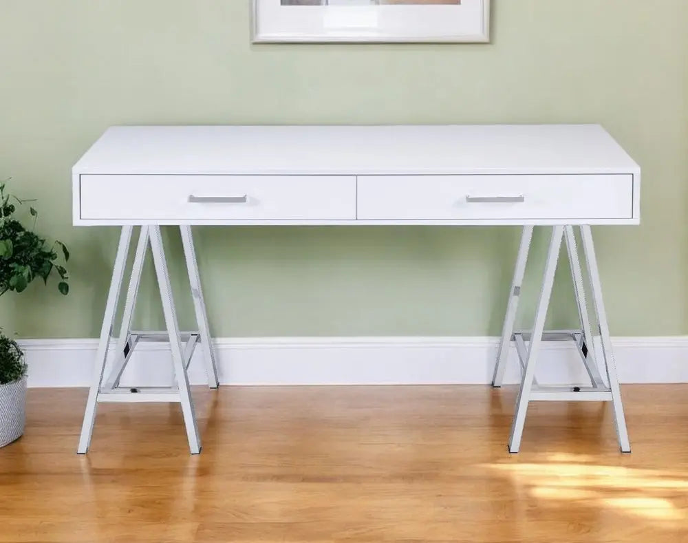 54" White and Silver Writing Desk With Two Drawers - NOBLE HOME INTERIORS