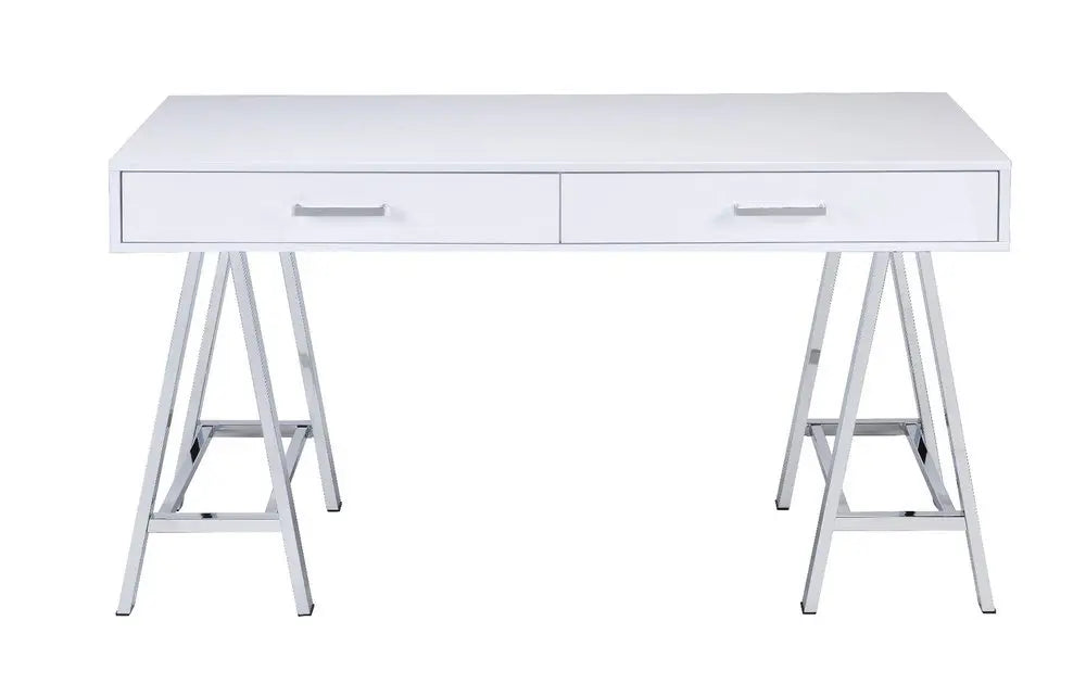 54" White and Silver Writing Desk With Two Drawers - NOBLE HOME INTERIORS