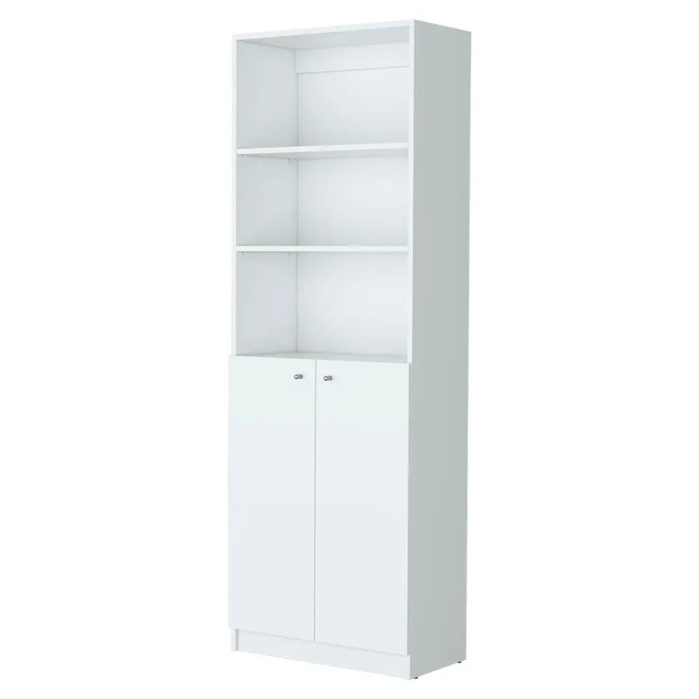 71" White Wood Three Tier Bookcase with Two Doors HomeRoots