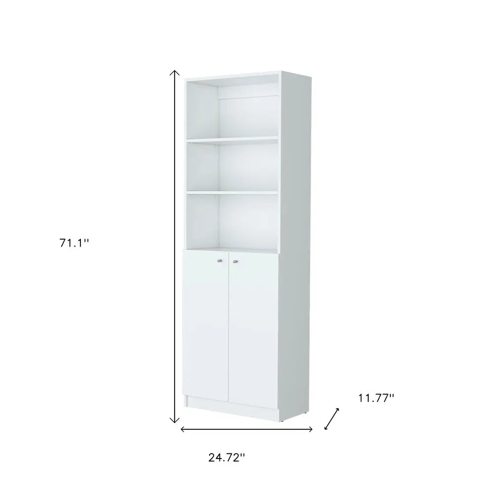 71" White Wood Three Tier Bookcase with Two Doors HomeRoots