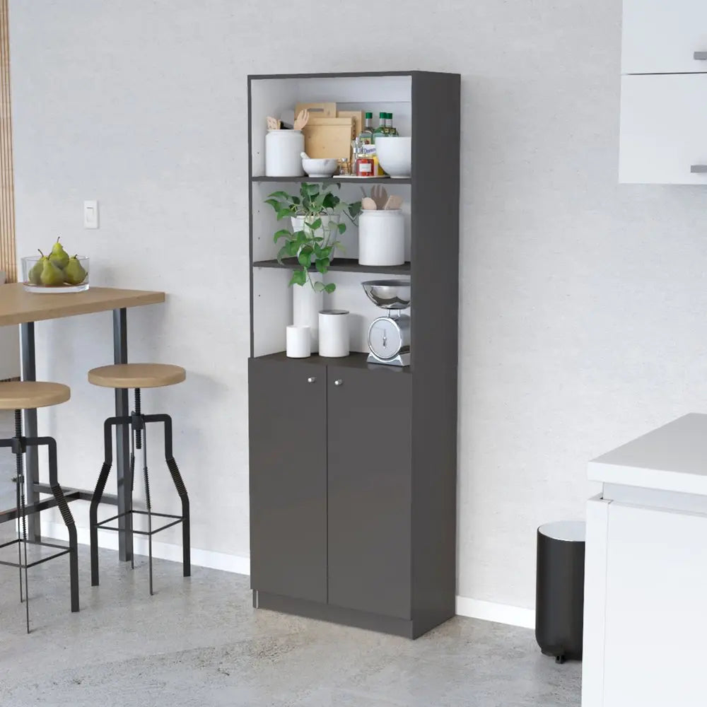 71" Gray And White Wood Three Tier Bookcase with Two Doors HomeRoots