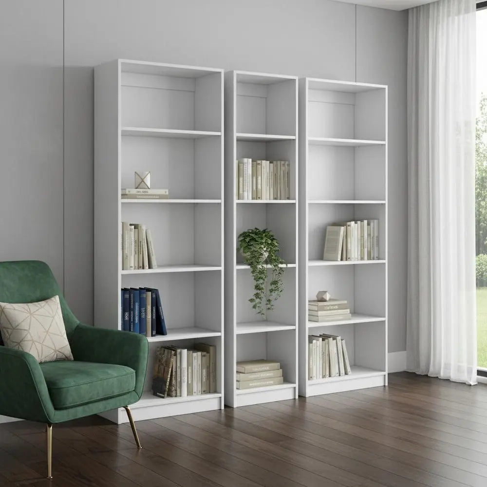 Set of Three White Wood Five Tier Modular Bookcase HomeRoots