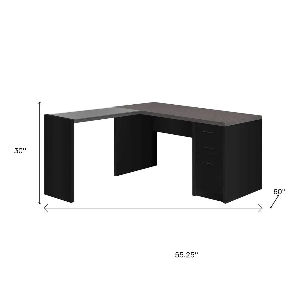 55" Gray and Black L Shape Computer Desk With Three Drawers - NOBLE HOME INTERIORS