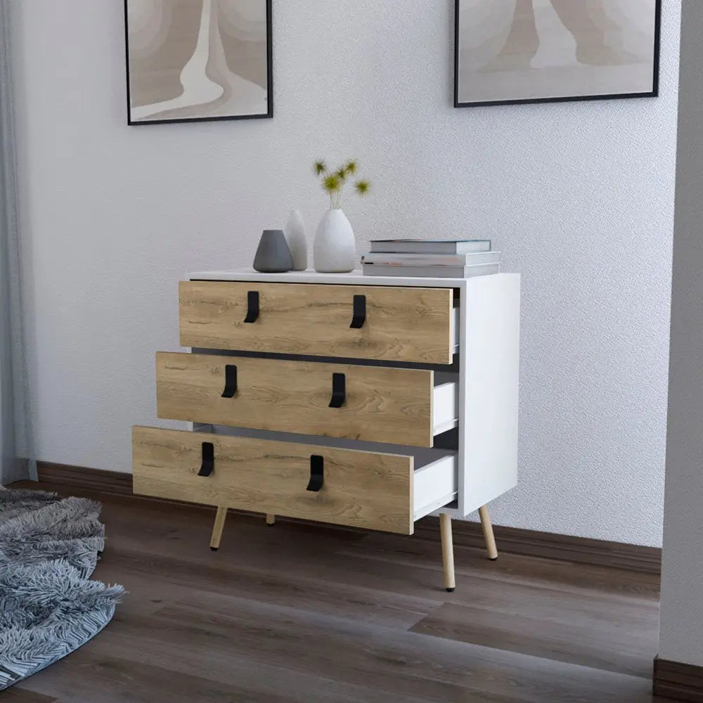 32" White and Natural Three Drawer Dresser HomeRoots