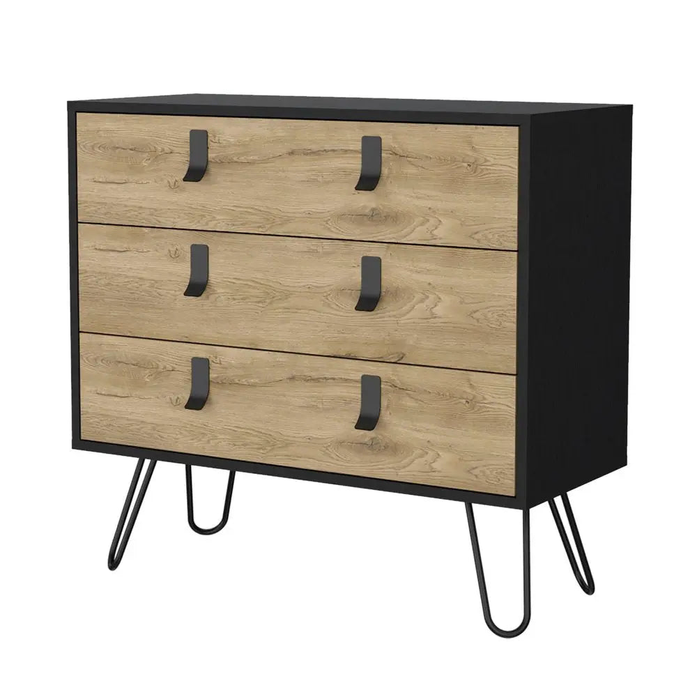 32" Natural and Black Three Drawer Dresser HomeRoots
