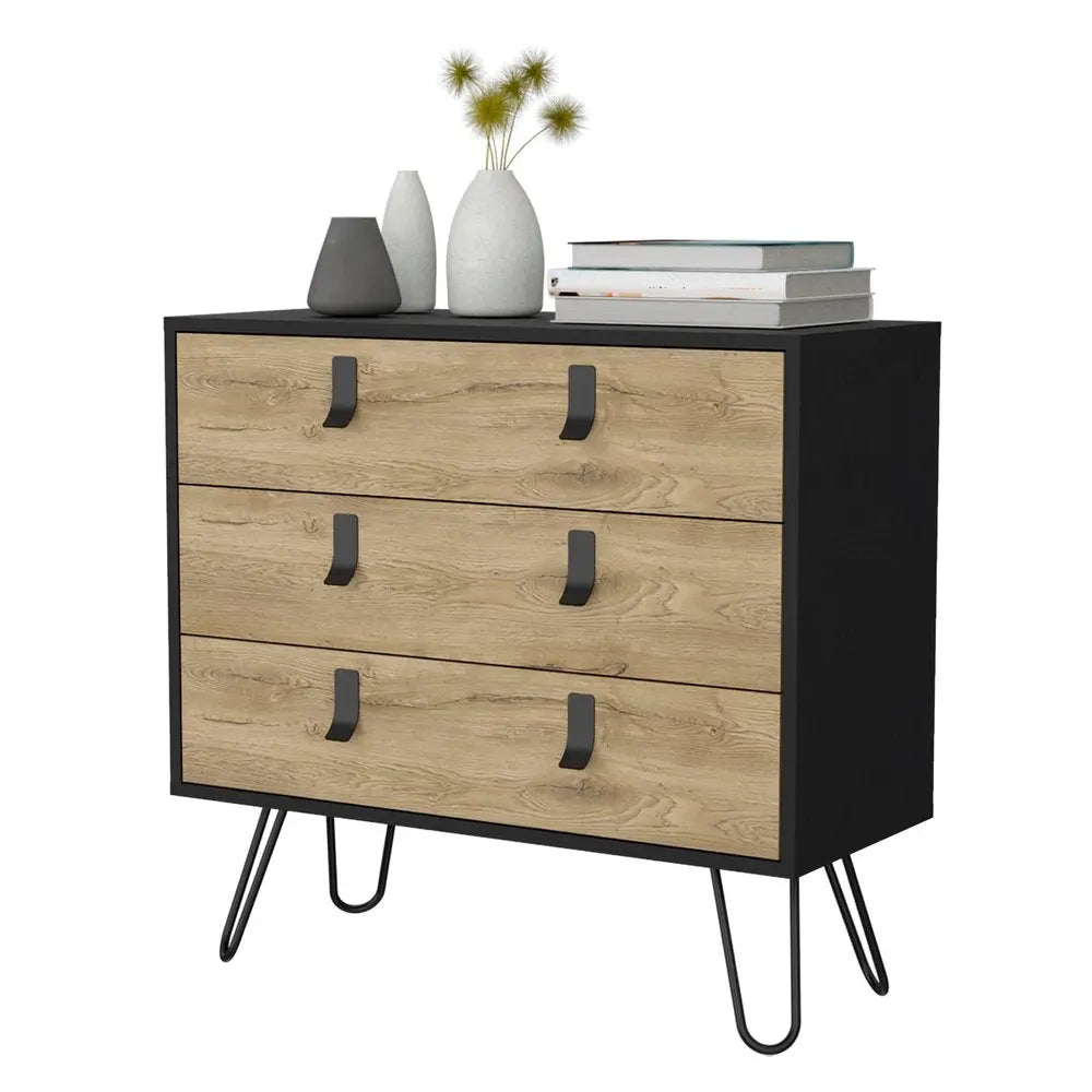 32" Natural and Black Three Drawer Dresser HomeRoots