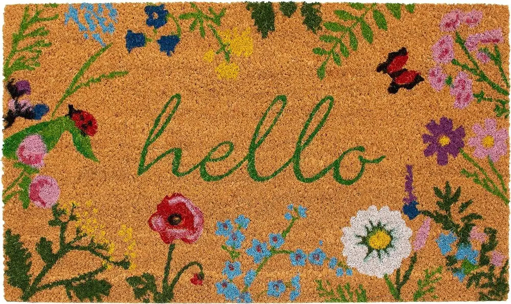 17" X 29" Natural and Green Coir Floral Hello Outdoor Door Mat HomeRoots