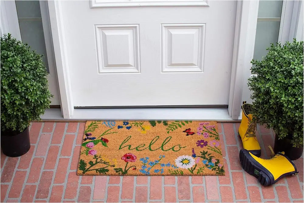 17" X 29" Natural and Green Coir Floral Hello Outdoor Door Mat HomeRoots