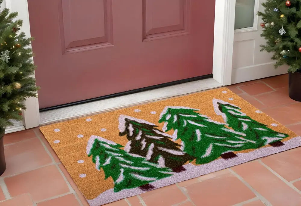 17" X 29" Natural and Green Coir Christmas Trees Outdoor Christmas Door Mat HomeRoots
