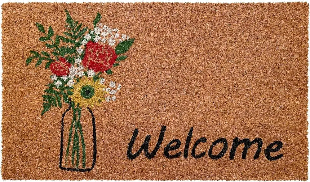 17" X 29" Natural Green and Black Coir Floral Welcome Outdoor Door Mat HomeRoots
