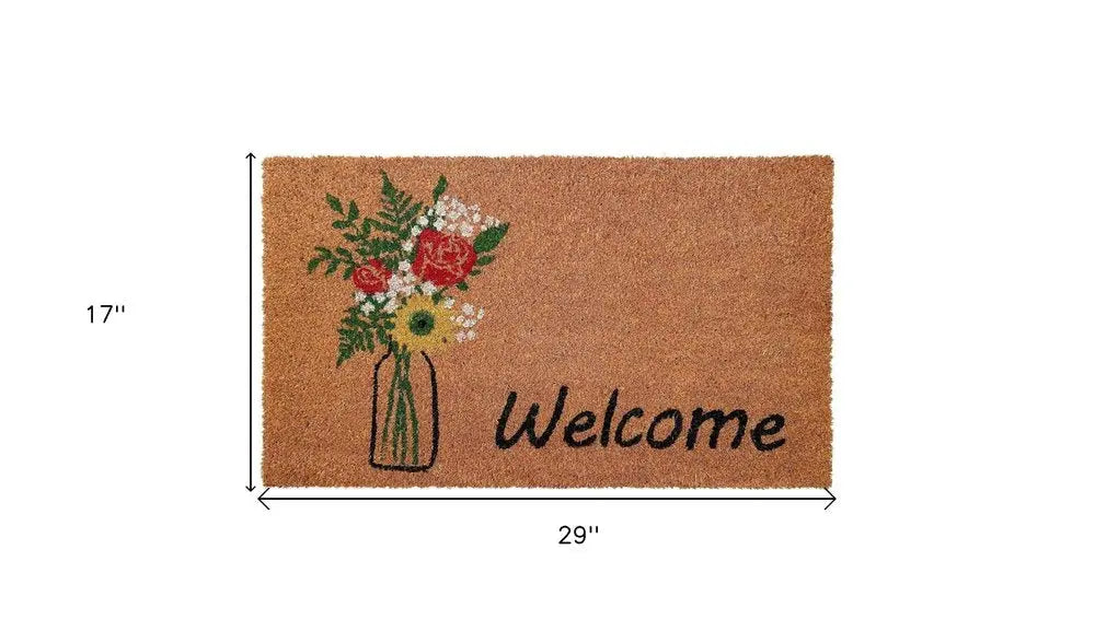 17" X 29" Natural Green and Black Coir Floral Welcome Outdoor Door Mat HomeRoots