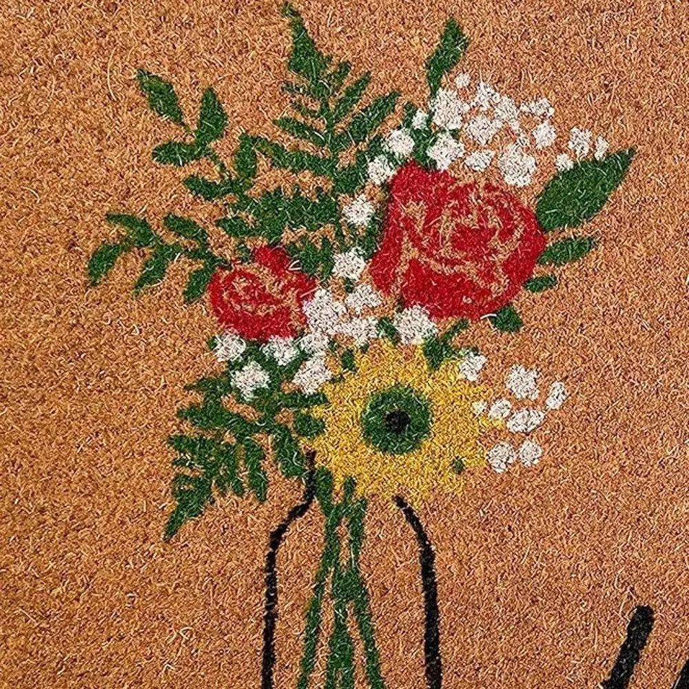 17" X 29" Natural Green and Black Coir Floral Welcome Outdoor Door Mat HomeRoots