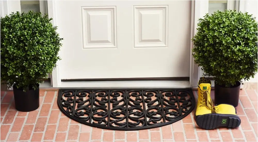 24" X 36" Black Rubber Scrollwork Outdoor Semi Circle Door Mat HomeRoots