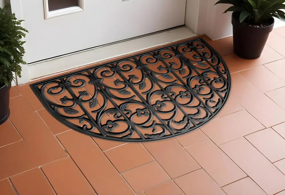 24" X 36" Black Rubber Scrollwork Outdoor Semi Circle Door Mat HomeRoots