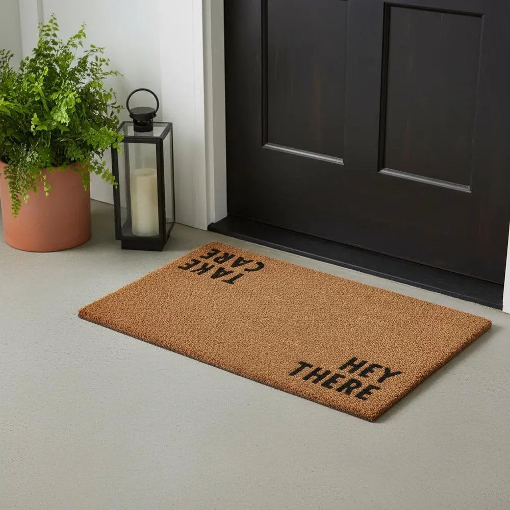 17" X 29" Natural and Black Coir Hey There Outdoor Door Mat HomeRoots