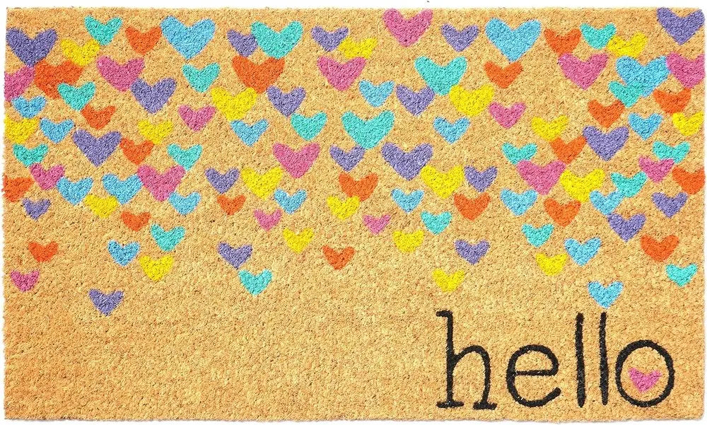 17" X 29" Natural Blue and Yellow Coir Heart Outdoor Valentine's Day Door Mat HomeRoots