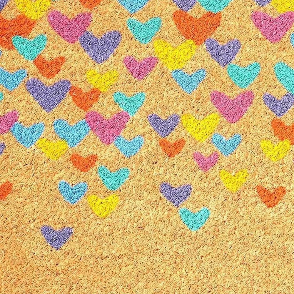 17" X 29" Natural Blue and Yellow Coir Heart Outdoor Valentine's Day Door Mat HomeRoots