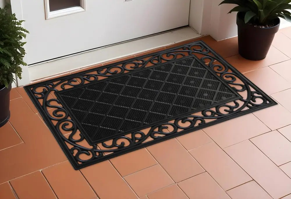 18" X 30" Black Rubber Geometric Outdoor Door Mat HomeRoots