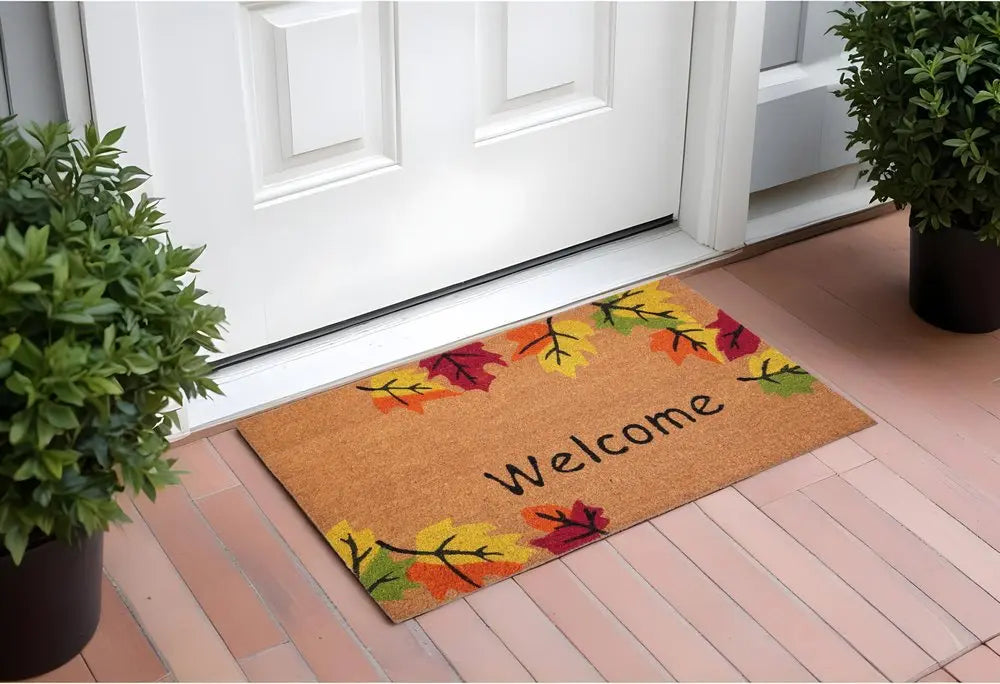 17" X 29" Natural Red and Yellow Coir Leaves Welcome Outdoor Fall Door Mat HomeRoots