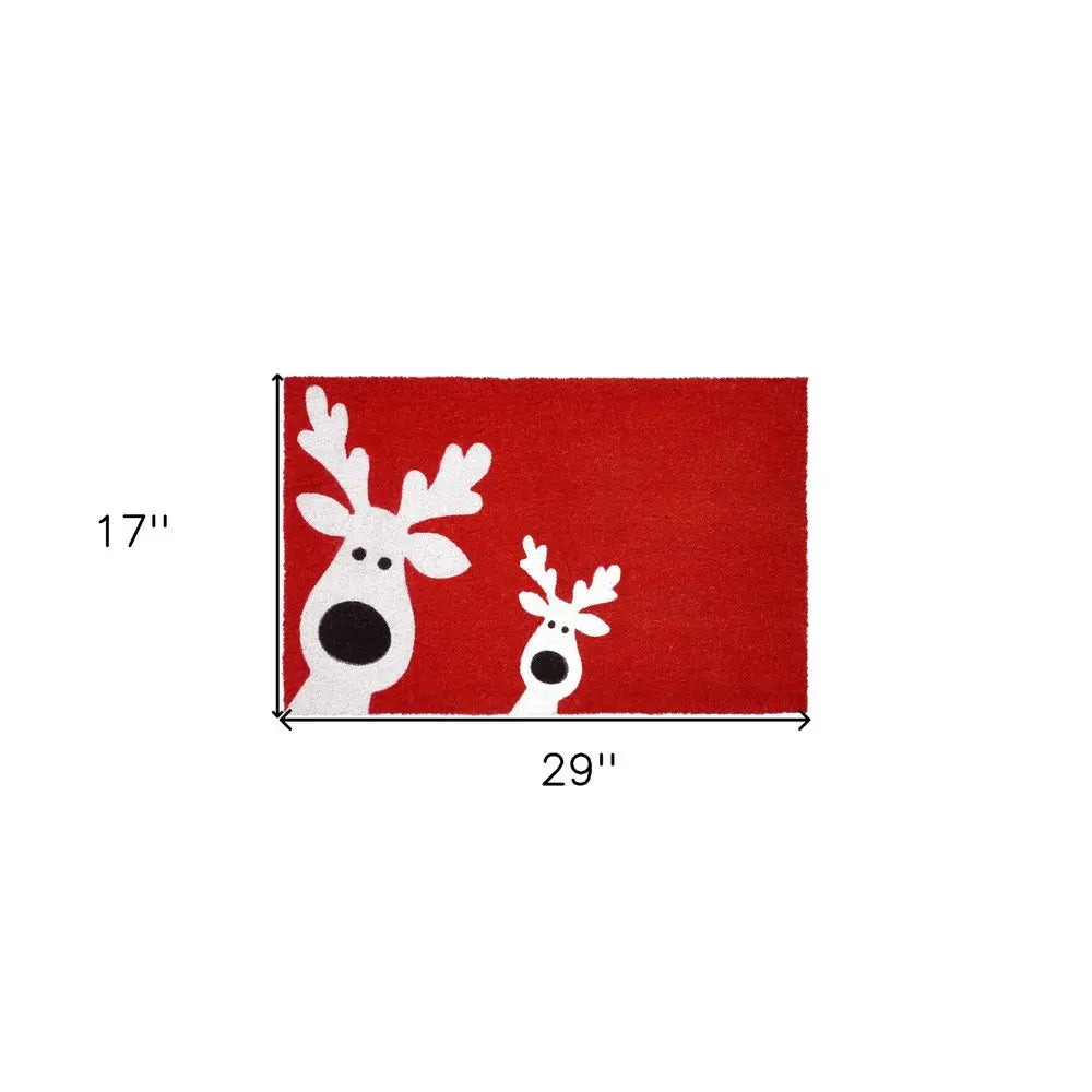 17" X 29" Red and White Coir Reindeer Outdoor Christmas Door Mat HomeRoots