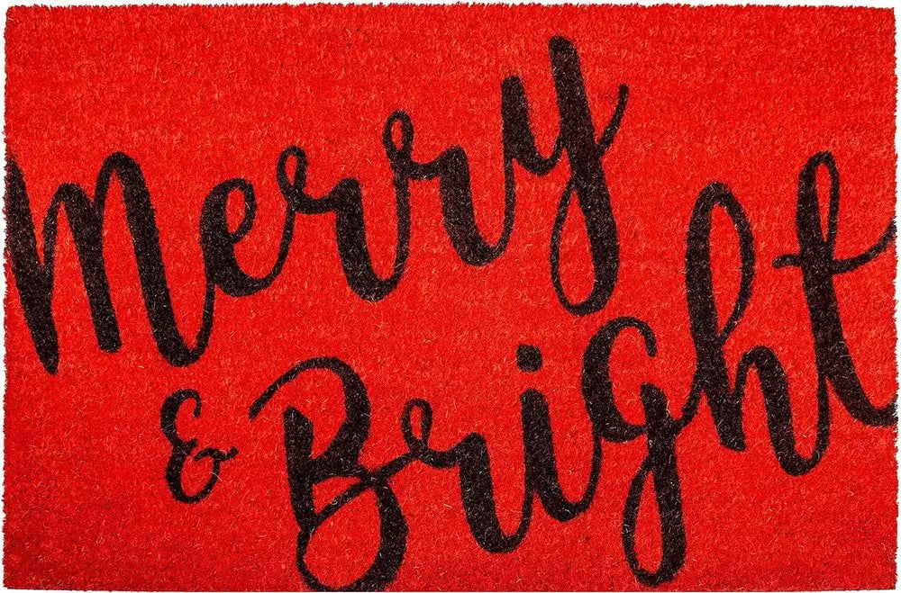17" X 29" Red and Black Coir Merry and Bright Outdoor Christmas Door Mat HomeRoots