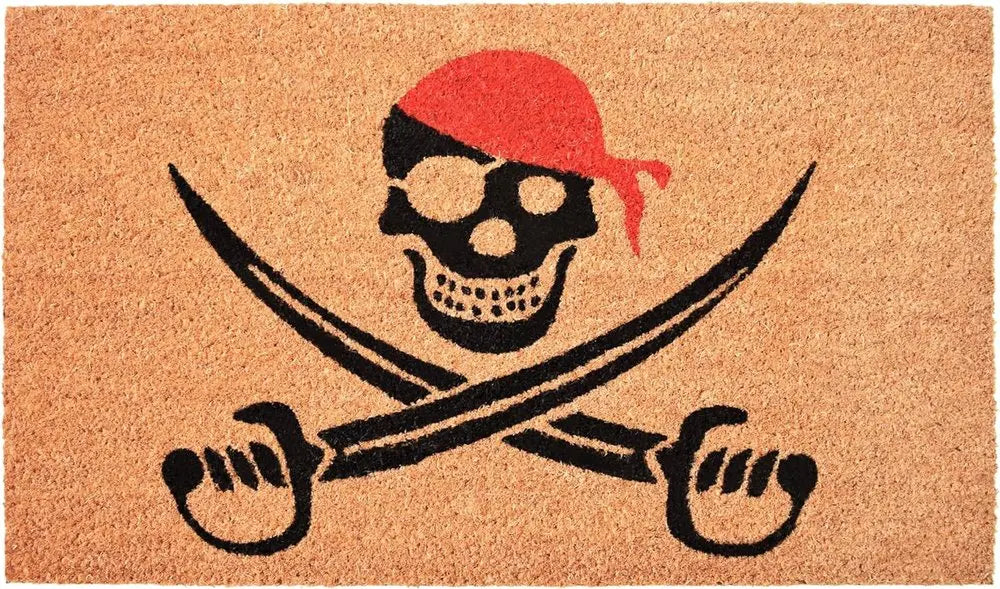 17" X 29" Natural Red and Black Coir Pirate Outdoor Halloween Door Mat HomeRoots